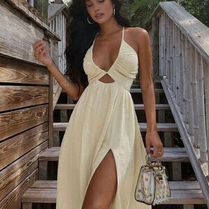 Commense Cutout High-Slit Beige‎ Midi Dress Size S